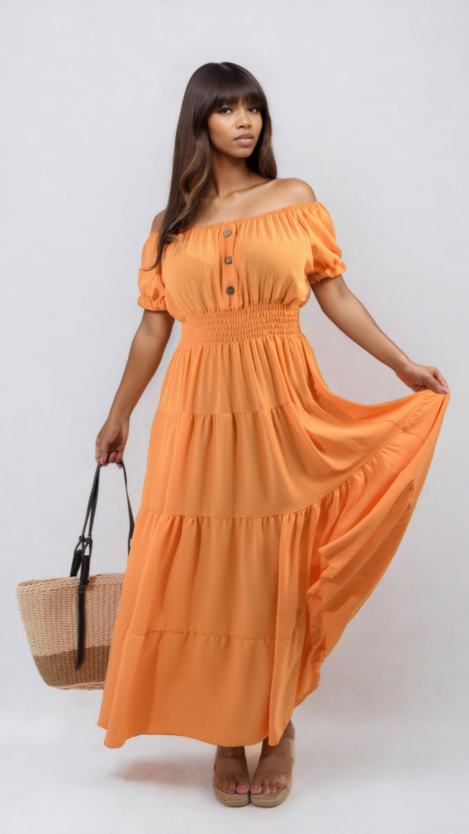 Smocked Waist Tiered Midi Dress Moda
