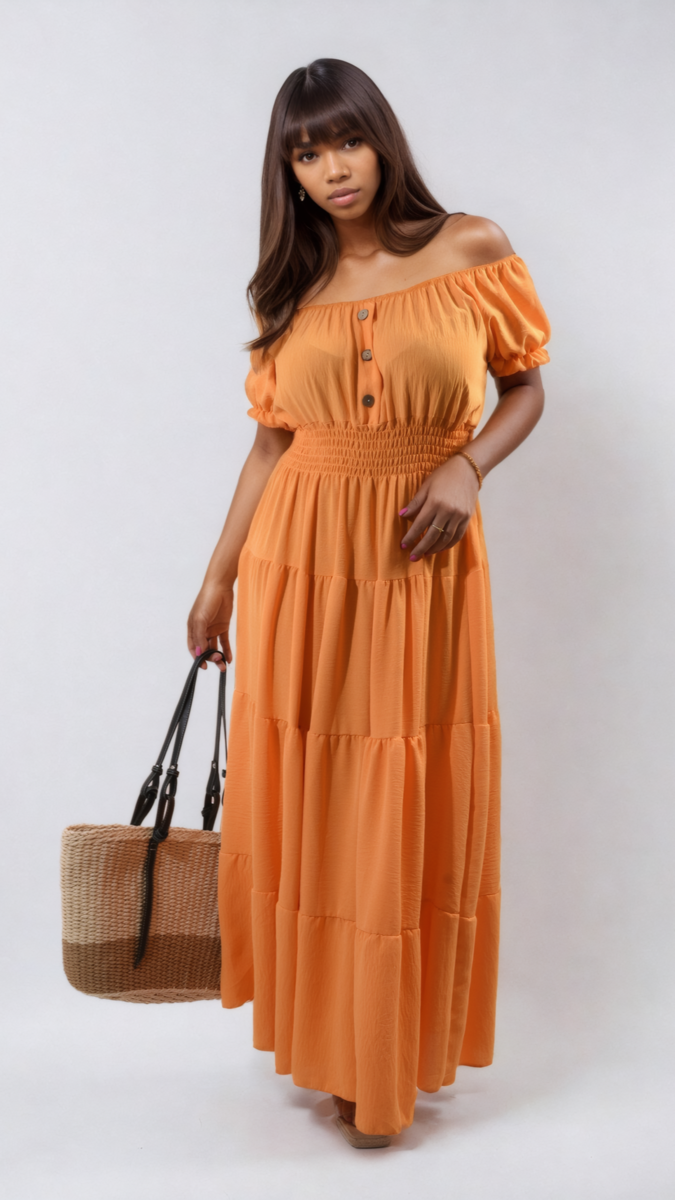 Smocked Waist Tiered Midi Dress Moda