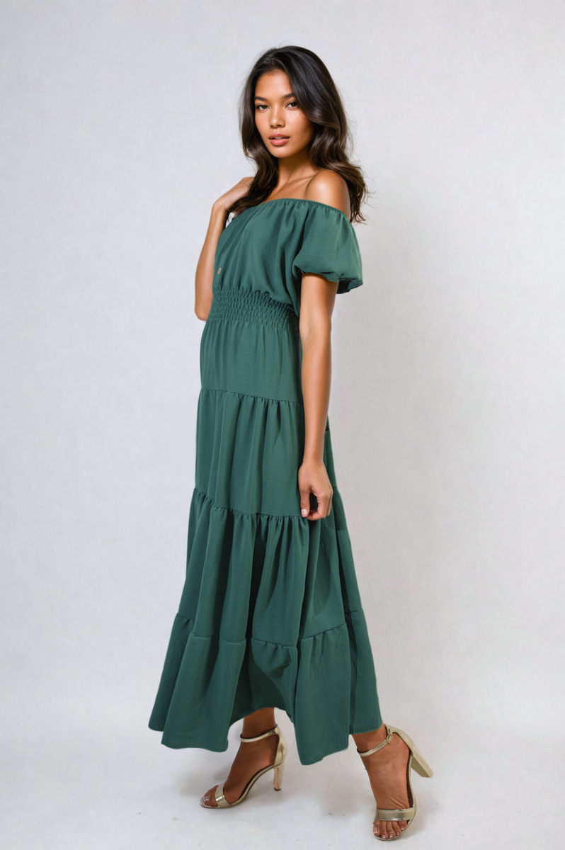 Smocked Waist Tiered Midi Dress Moda