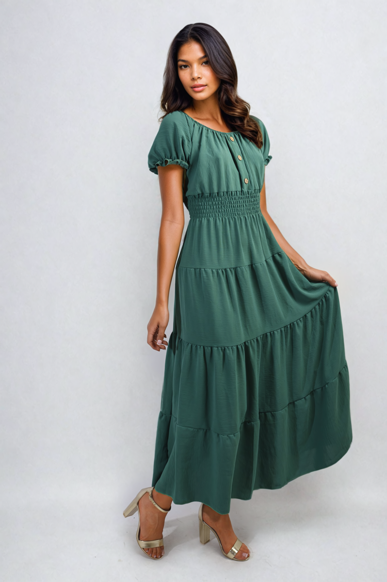 Smocked Waist Tiered Midi Dress Moda