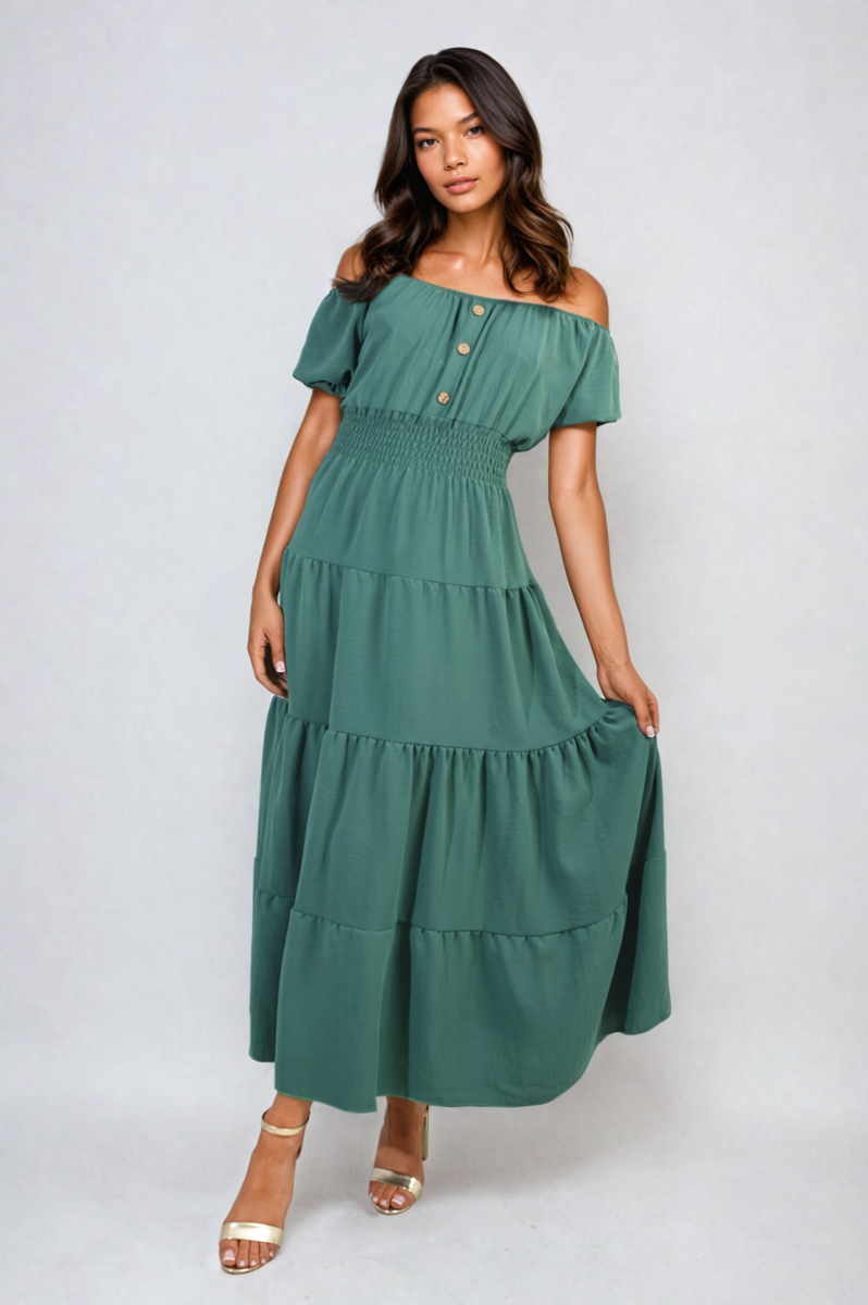 Smocked Waist Tiered Midi Dress Moda