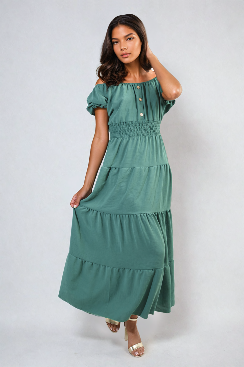 Smocked Waist Tiered Midi Dress Moda