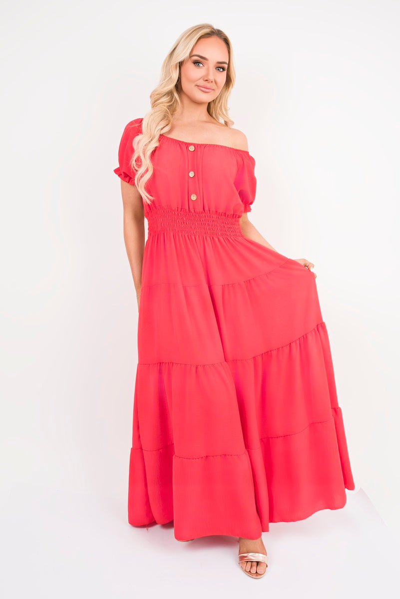 Smocked Waist Tiered Midi Dress Moda