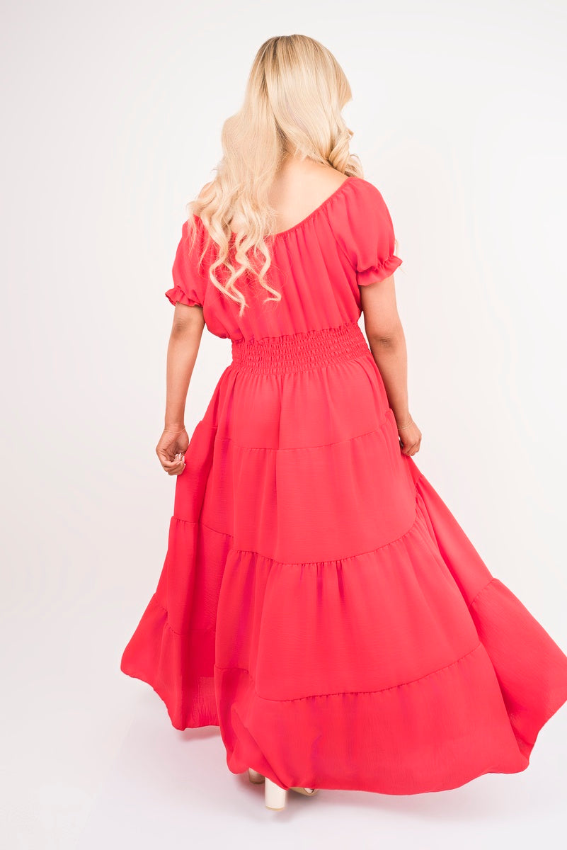Smocked Waist Tiered Midi Dress Moda
