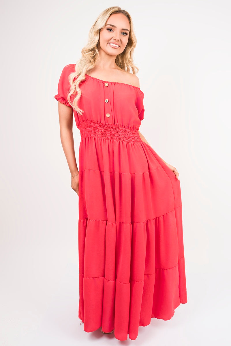 Smocked Waist Tiered Midi Dress Moda