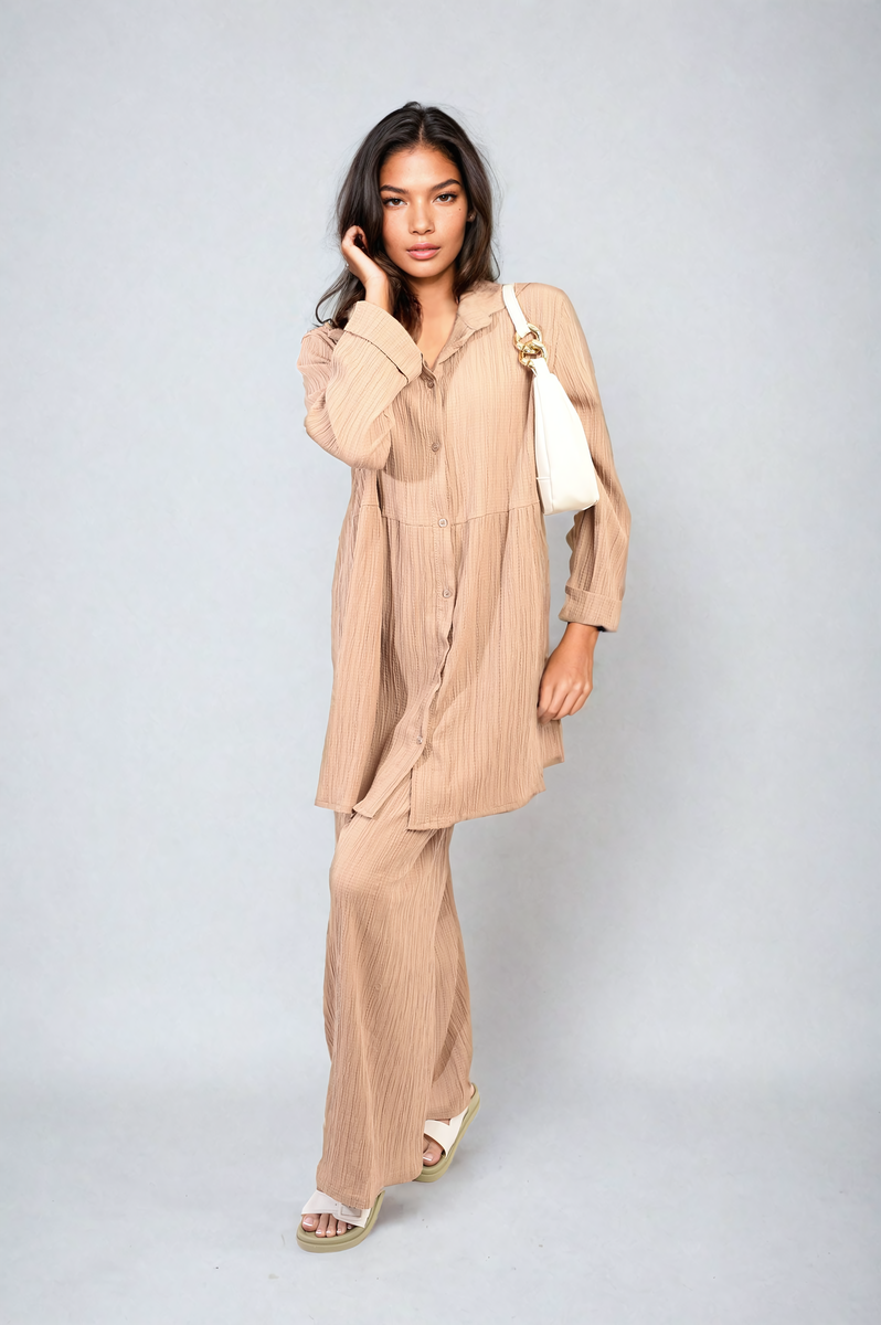 Oversized Collared Button Down Long Sleeve Top and Trouser Co-ord Set Moda