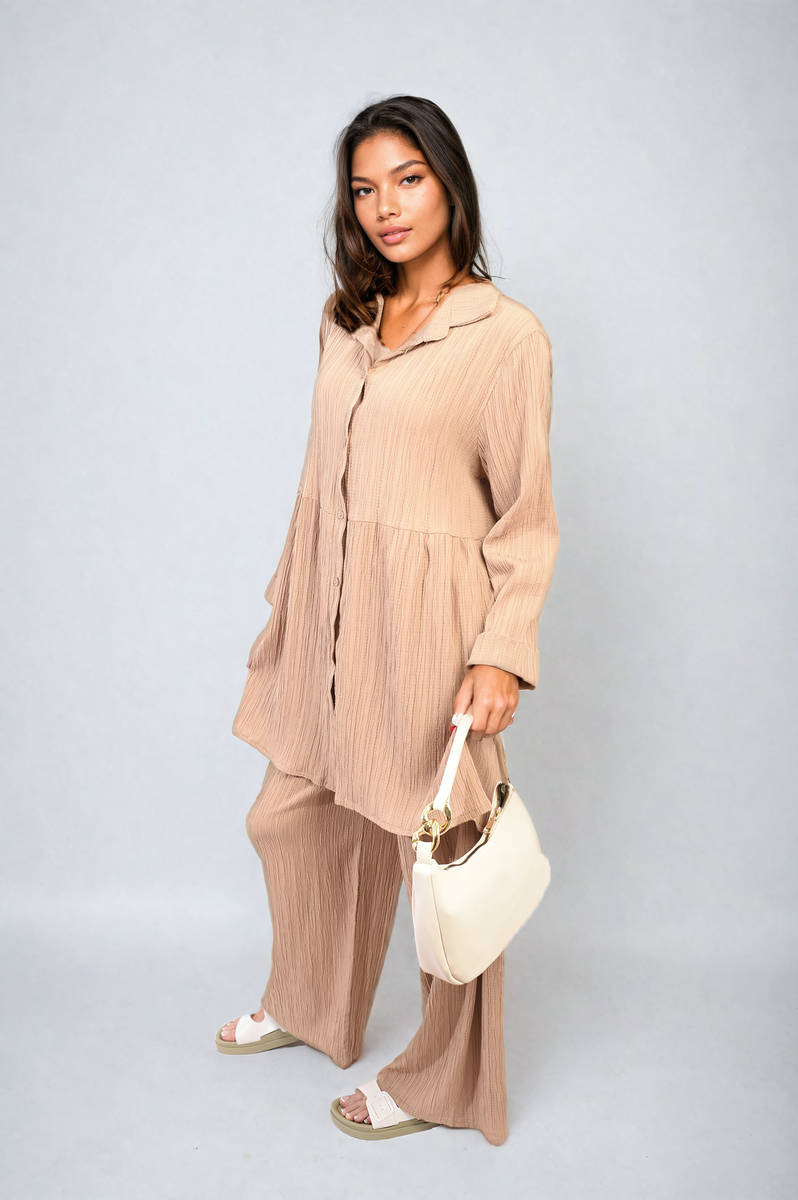 Oversized Collared Button Down Long Sleeve Top and Trouser Co-ord Set Moda