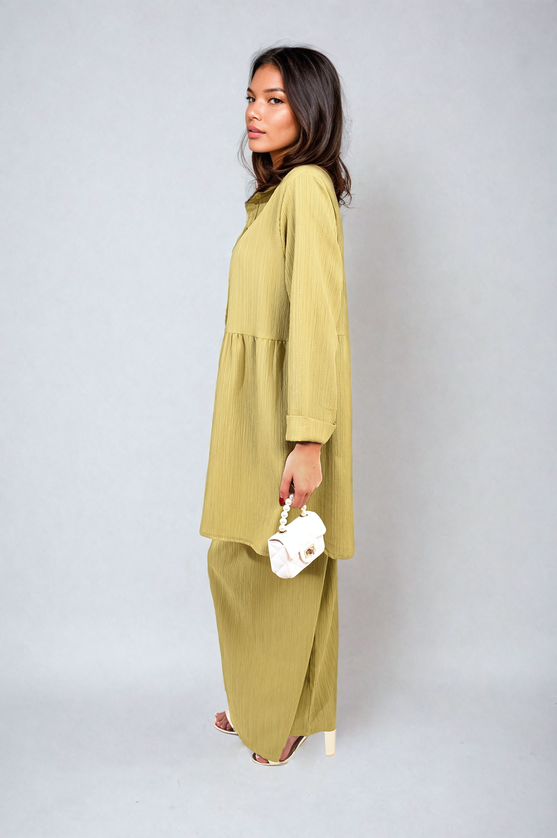 Oversized Collared Button Down Long Sleeve Top and Trouser Co-ord Set Moda