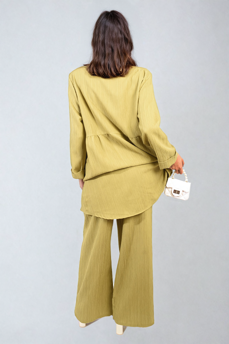 Oversized Collared Button Down Long Sleeve Top and Trouser Co-ord Set Moda