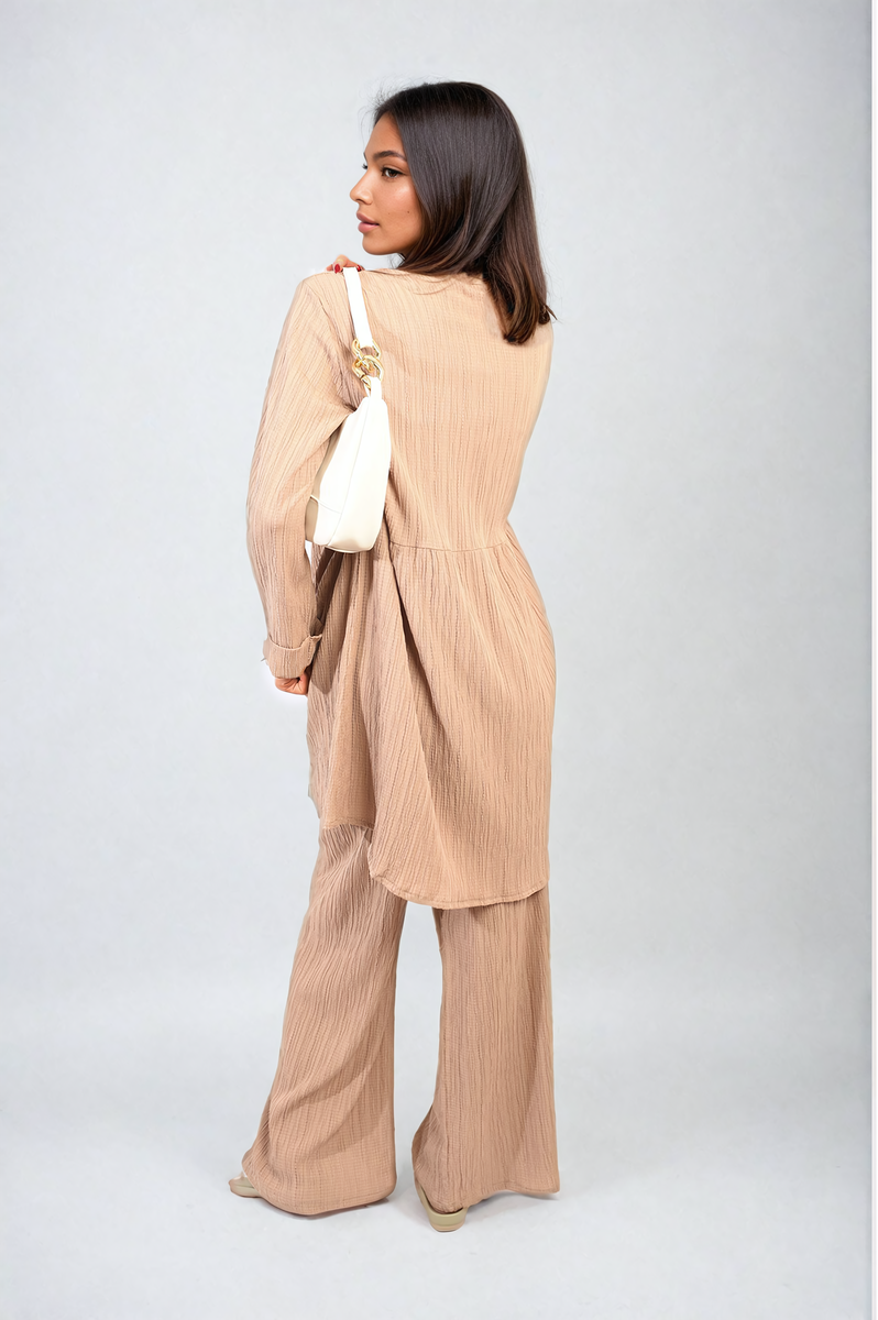 Oversized Collared Button Down Long Sleeve Top and Trouser Co-ord Set Moda