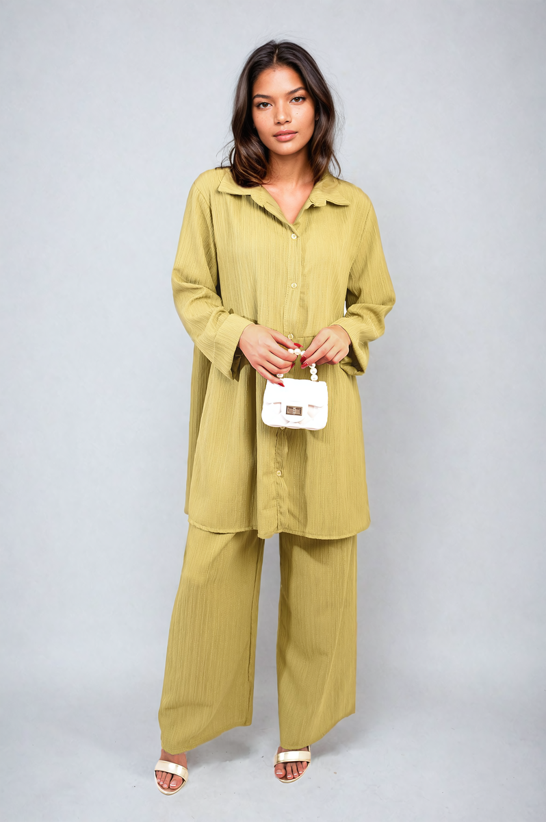 Oversized Collared Button Down Long Sleeve Top and Trouser Co-ord Set Moda