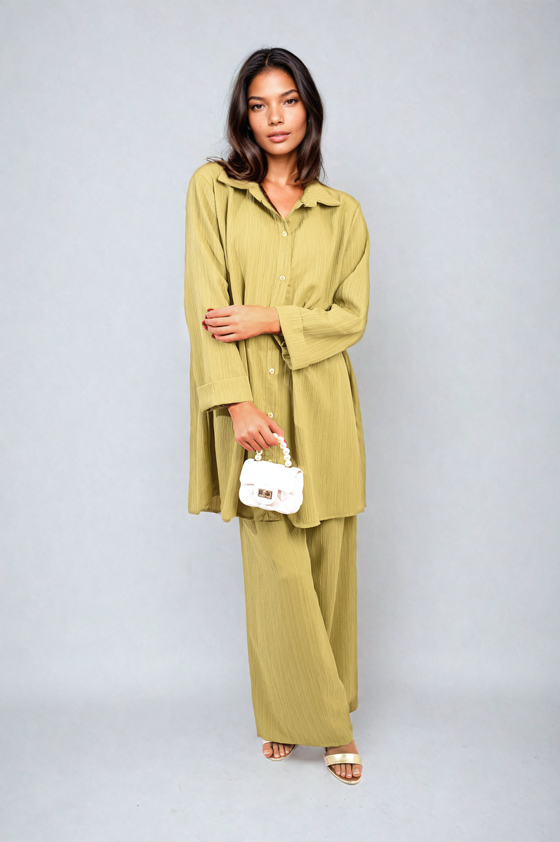 Oversized Collared Button Down Long Sleeve Top and Trouser Co-ord Set Moda