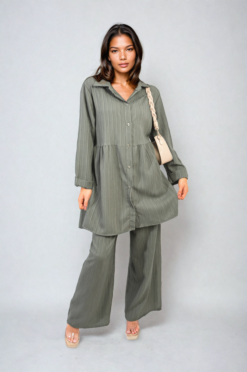Oversized Collared Button Down Long Sleeve Top and Trouser Co-ord Set Moda