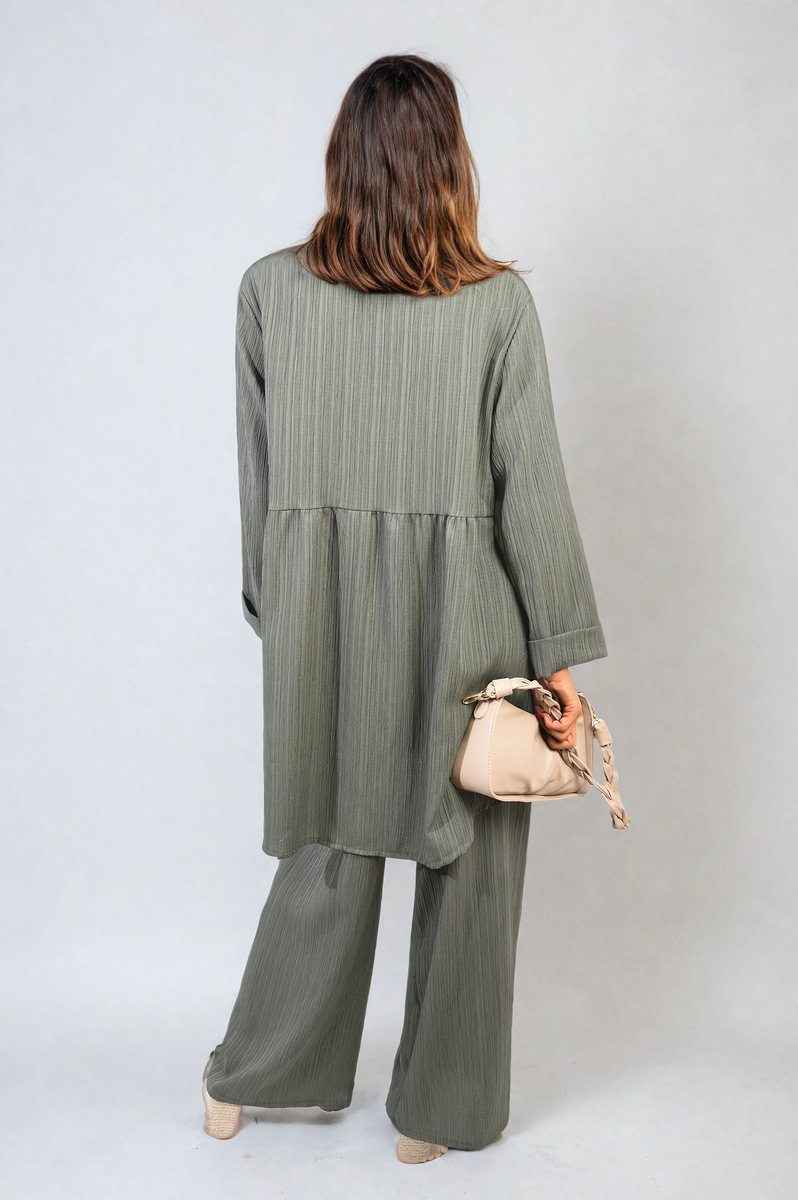 Oversized Collared Button Down Long Sleeve Top and Trouser Co-ord Set Moda