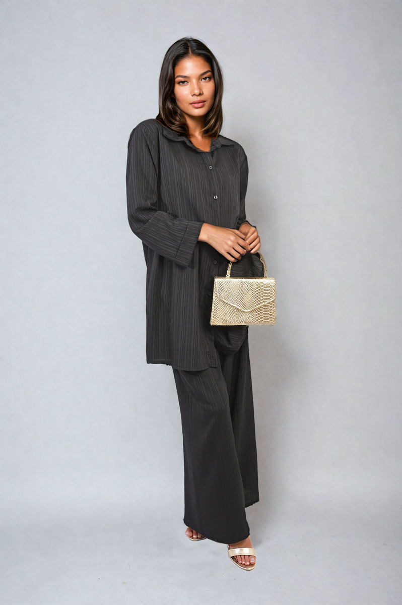 Oversized Collared Button Down Long Sleeve Top and Trouser Co-ord Set Moda