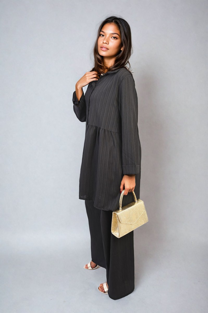 Oversized Collared Button Down Long Sleeve Top and Trouser Co-ord Set Moda