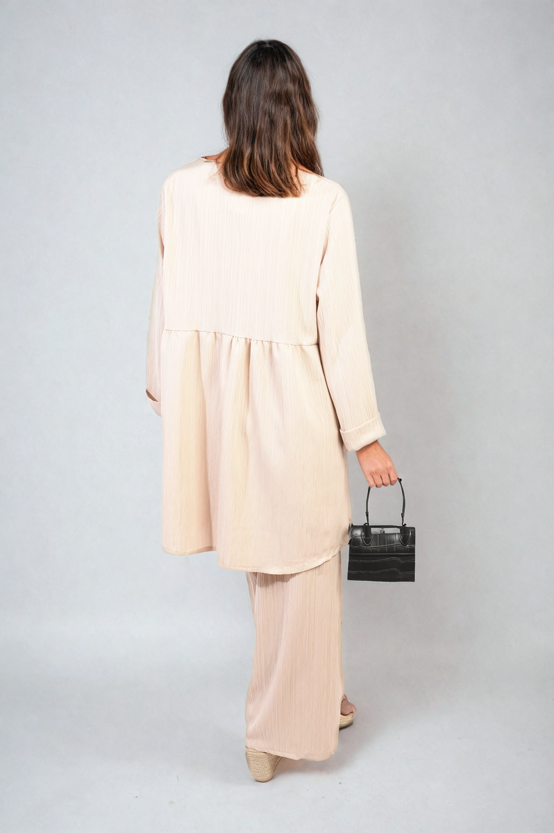 Oversized Collared Button Down Long Sleeve Top and Trouser Co-ord Set Moda