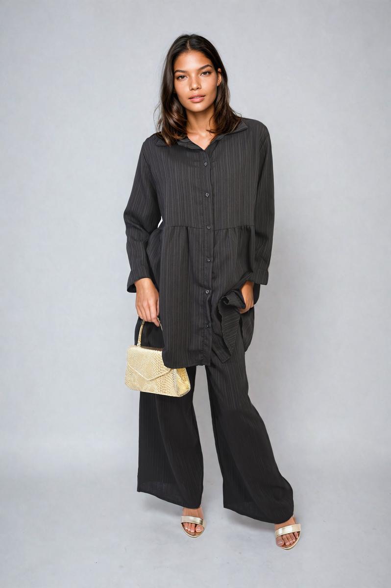 Oversized Collared Button Down Long Sleeve Top and Trouser Co-ord Set Moda