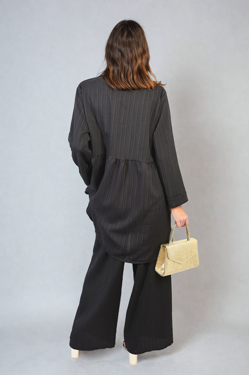 Oversized Collared Button Down Long Sleeve Top and Trouser Co-ord Set Moda