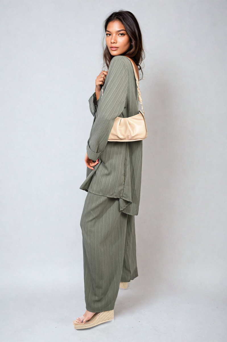 Oversized Collared Button Down Long Sleeve Top and Trouser Co-ord Set Moda