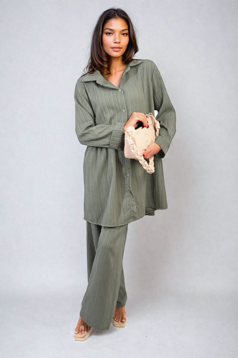Oversized Collared Button Down Long Sleeve Top and Trouser Co-ord Set Moda