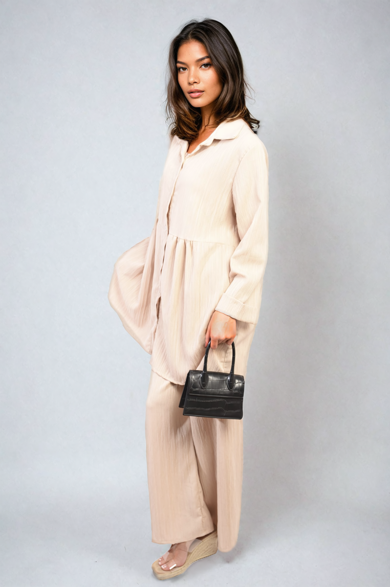 Oversized Collared Button Down Long Sleeve Top and Trouser Co-ord Set Moda