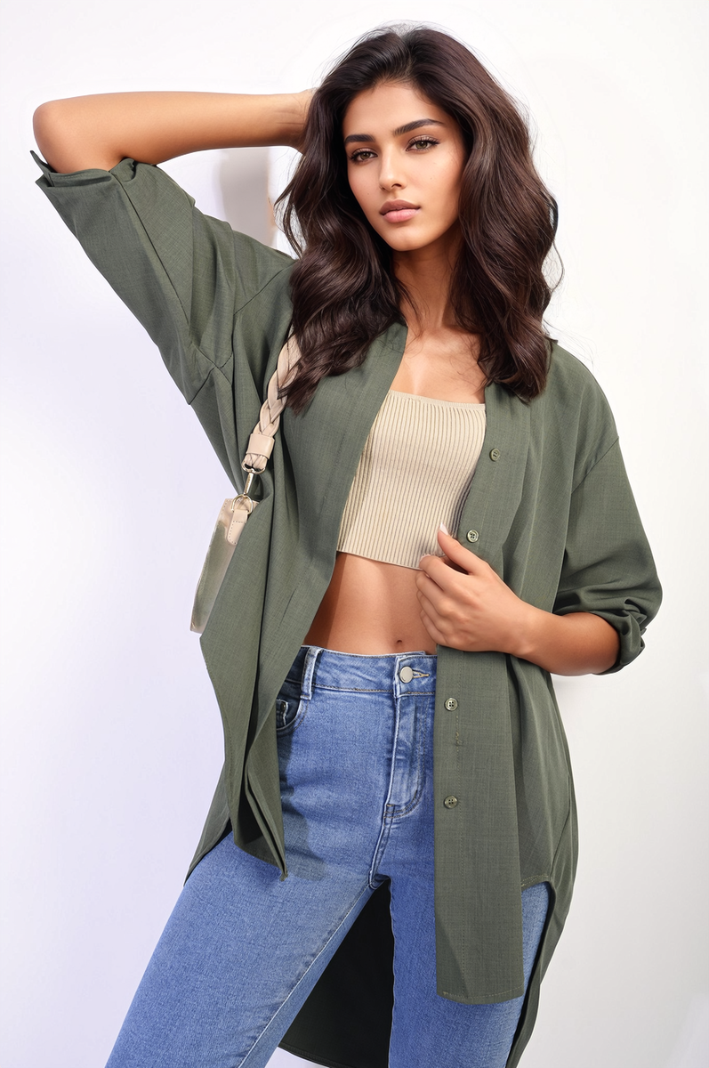 Button Up Oversized Long Back Shirt Dress Moda