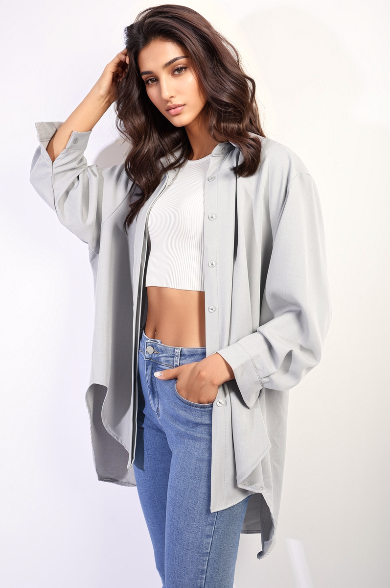 Button Up Oversized Long Back Shirt Dress Moda