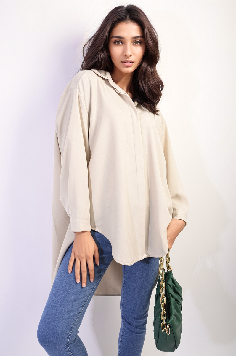 Button Up Oversized Long Back Shirt Dress Moda