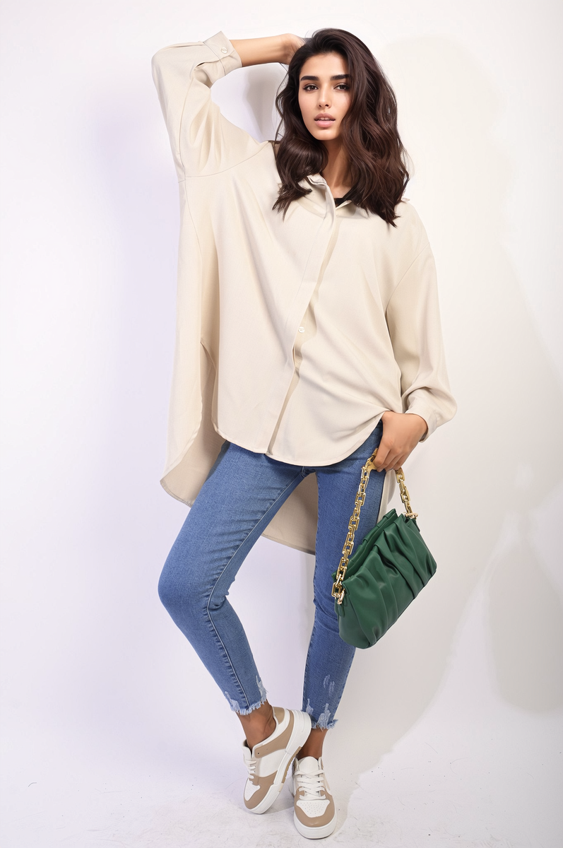 Button Up Oversized Long Back Shirt Dress Moda