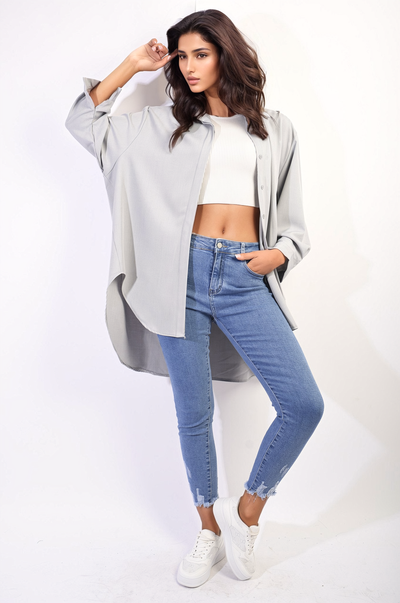 Button Up Oversized Long Back Shirt Dress Moda