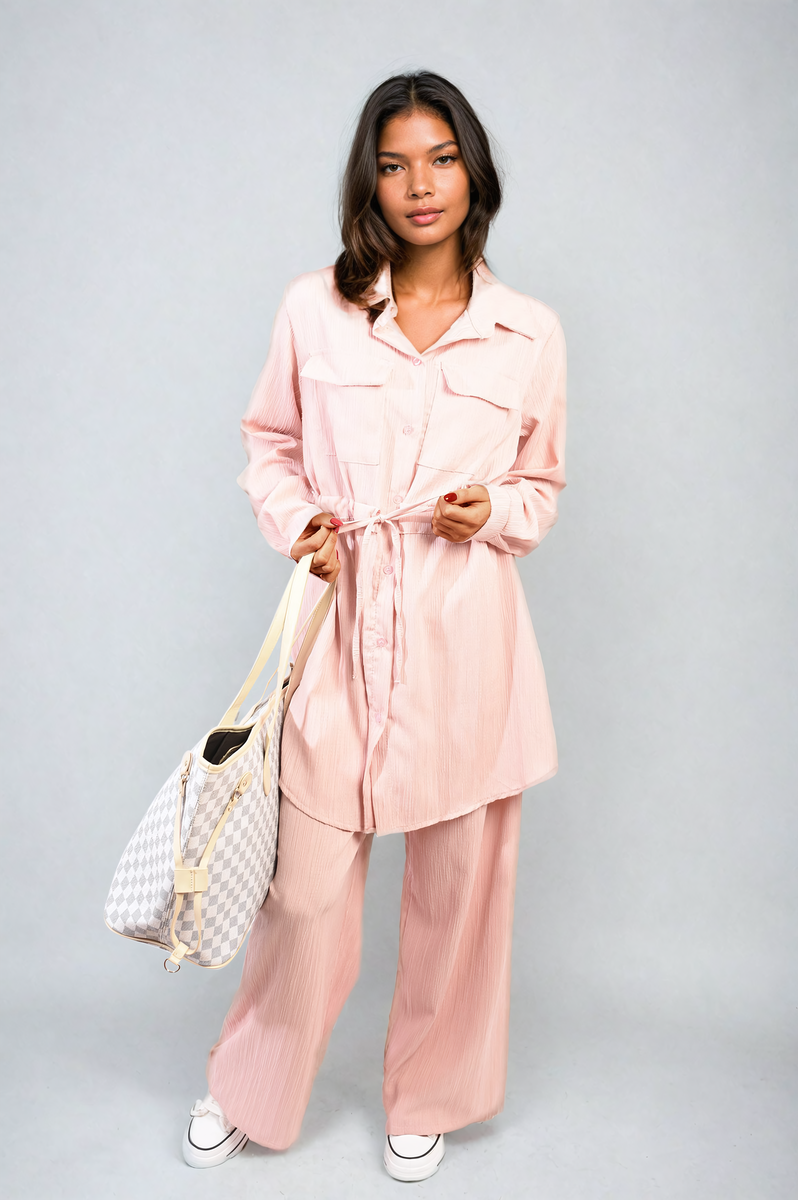 Oversized Long Sleeve Belted Button Down Top and Trouser Co-ord Set Moda