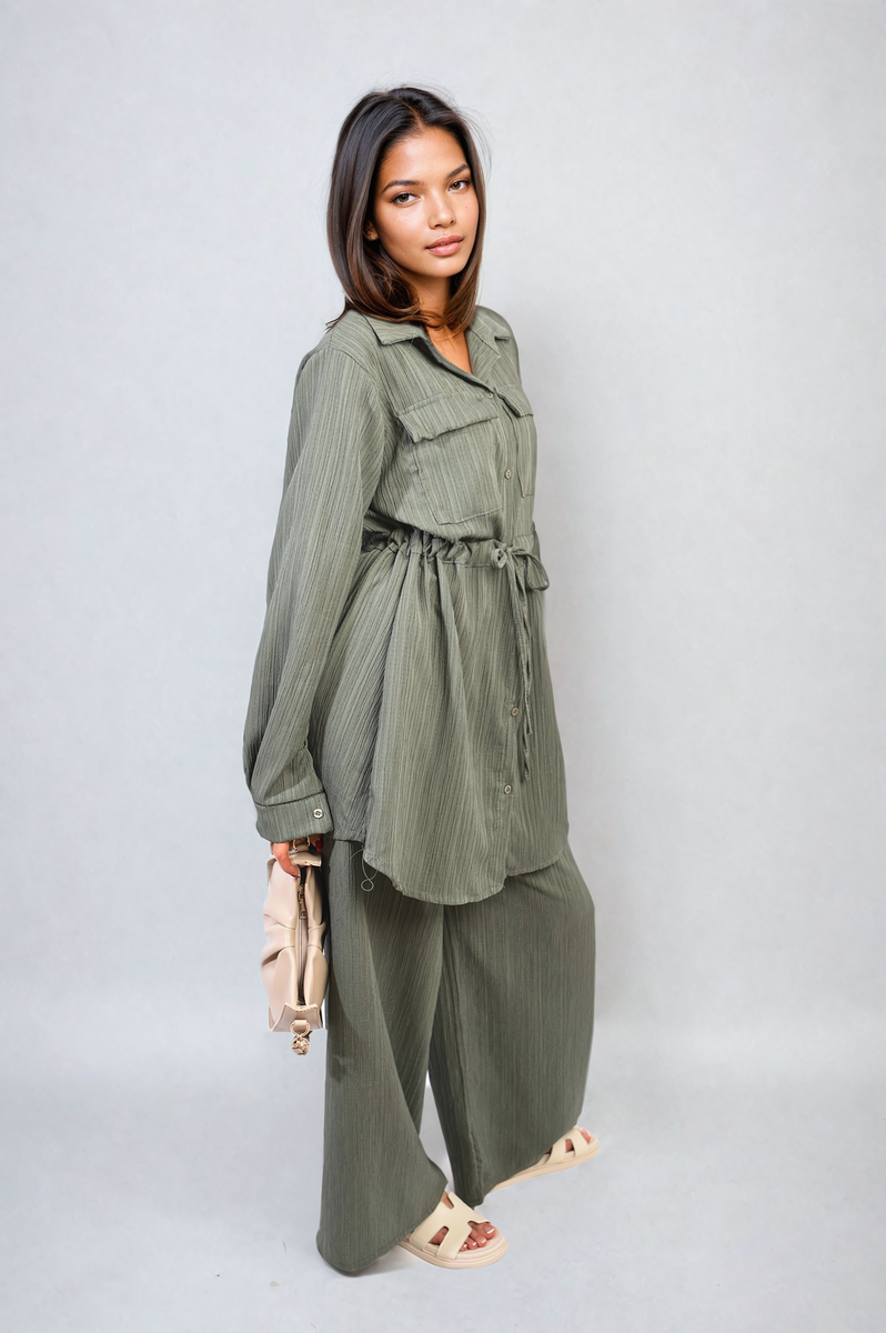 Oversized Long Sleeve Belted Button Down Top and Trouser Co-ord Set Moda