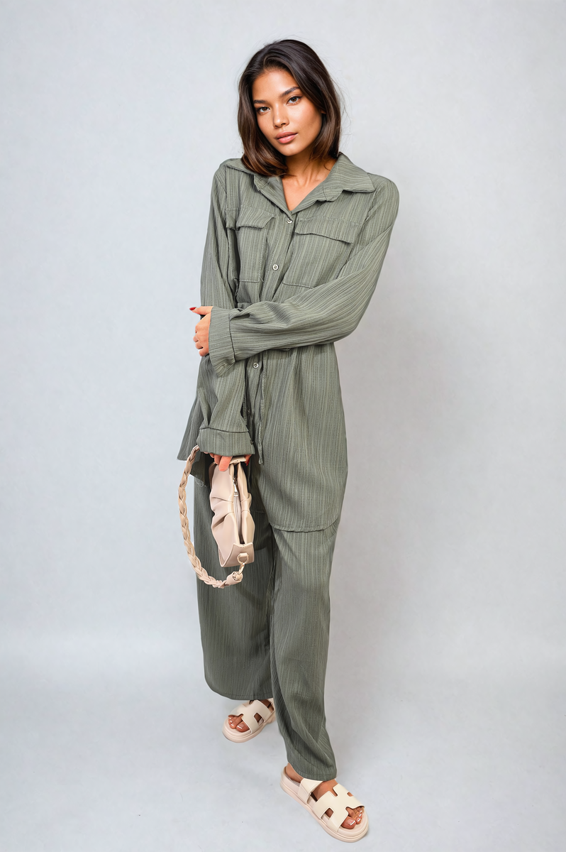 Oversized Long Sleeve Belted Button Down Top and Trouser Co-ord Set Moda
