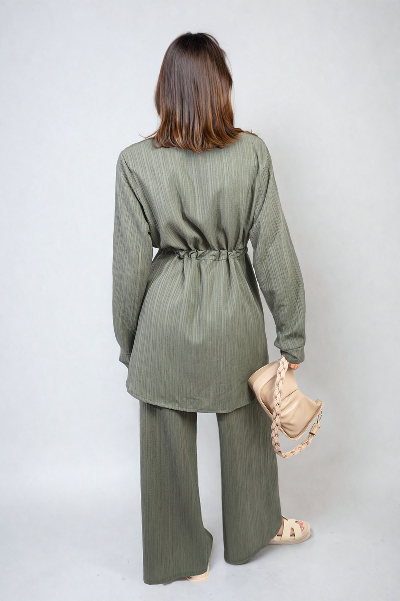 Oversized Long Sleeve Belted Button Down Top and Trouser Co-ord Set Moda