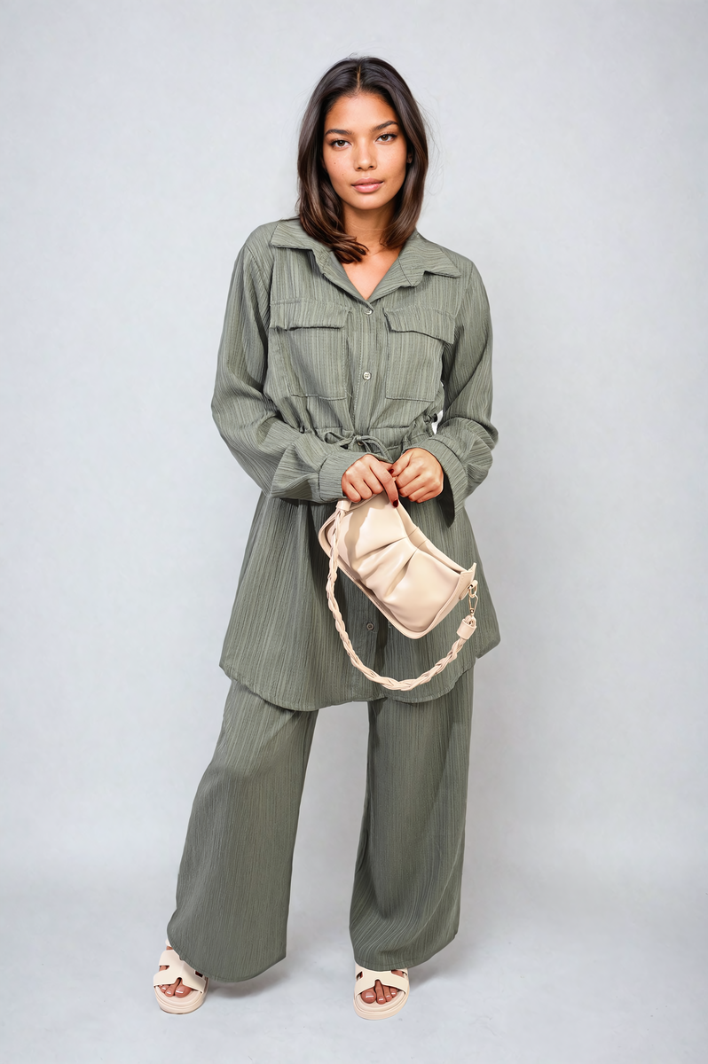 Oversized Long Sleeve Belted Button Down Top and Trouser Co-ord Set Moda