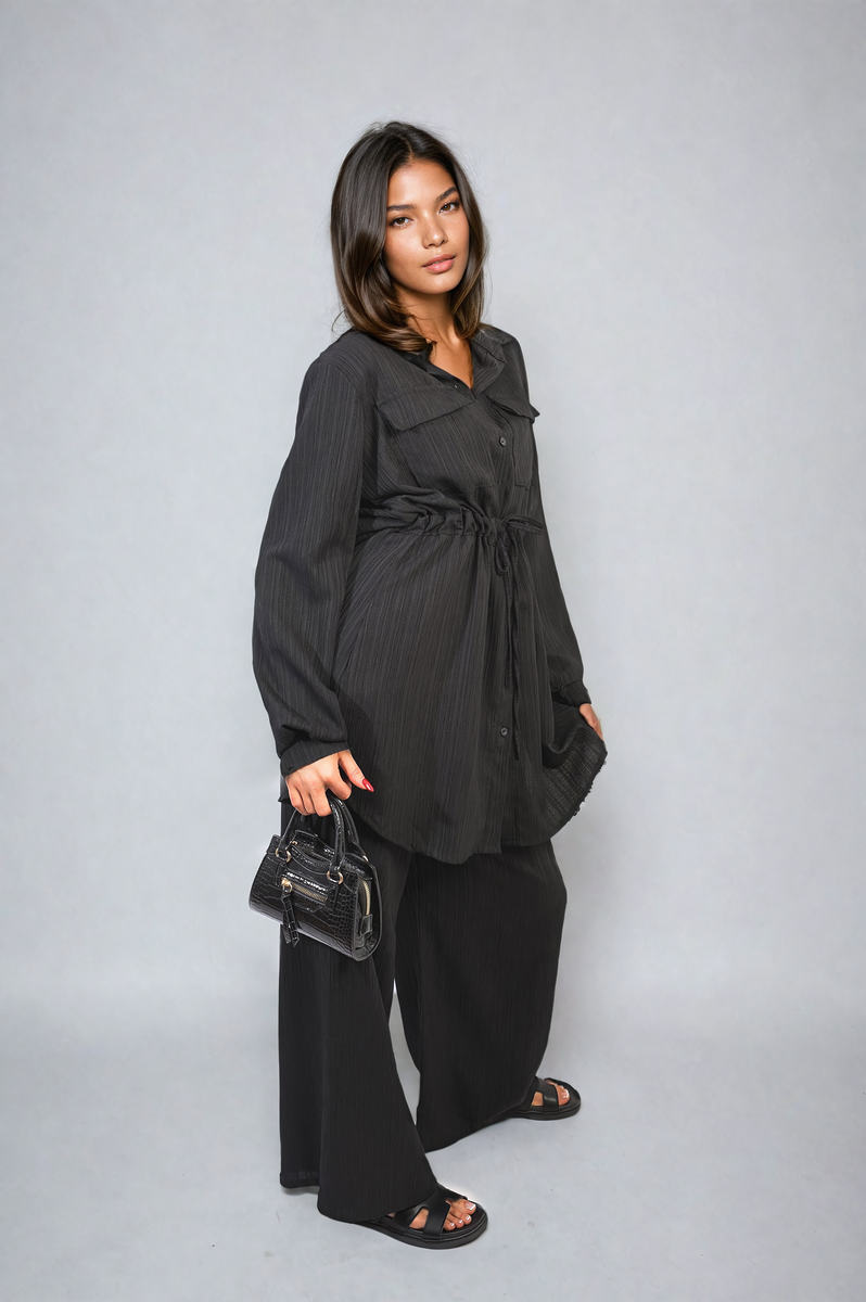 Oversized Long Sleeve Belted Button Down Top and Trouser Co-ord Set Moda