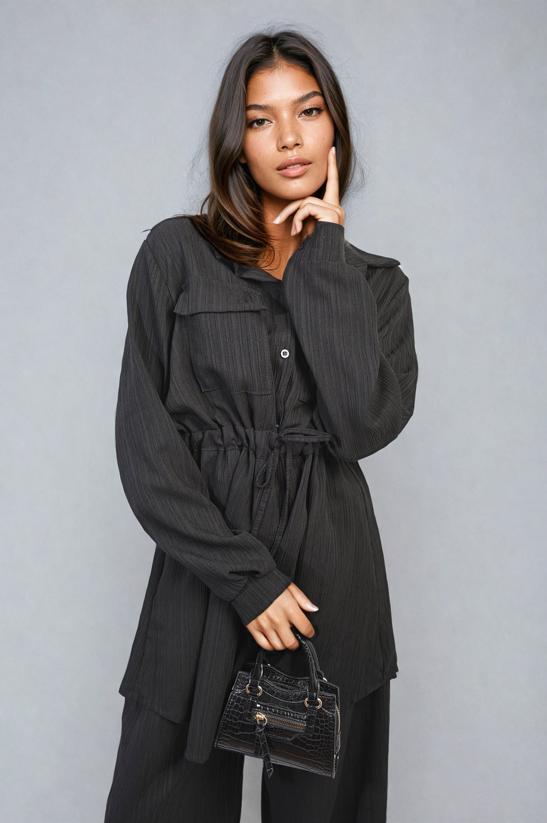 Oversized Long Sleeve Belted Button Down Top and Trouser Co-ord Set Moda