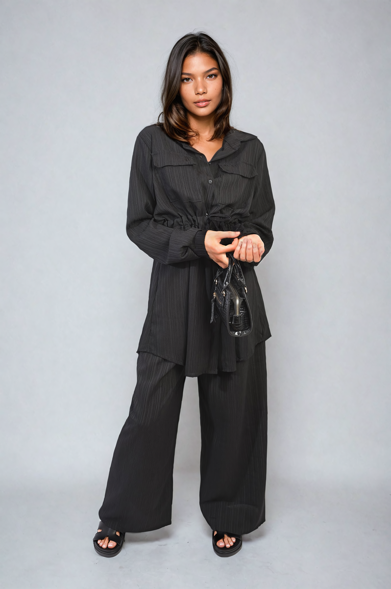 Oversized Long Sleeve Belted Button Down Top and Trouser Co-ord Set Moda