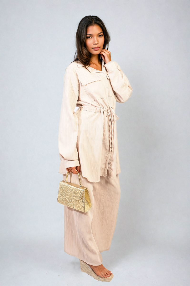 Oversized Long Sleeve Belted Button Down Top and Trouser Co-ord Set Moda