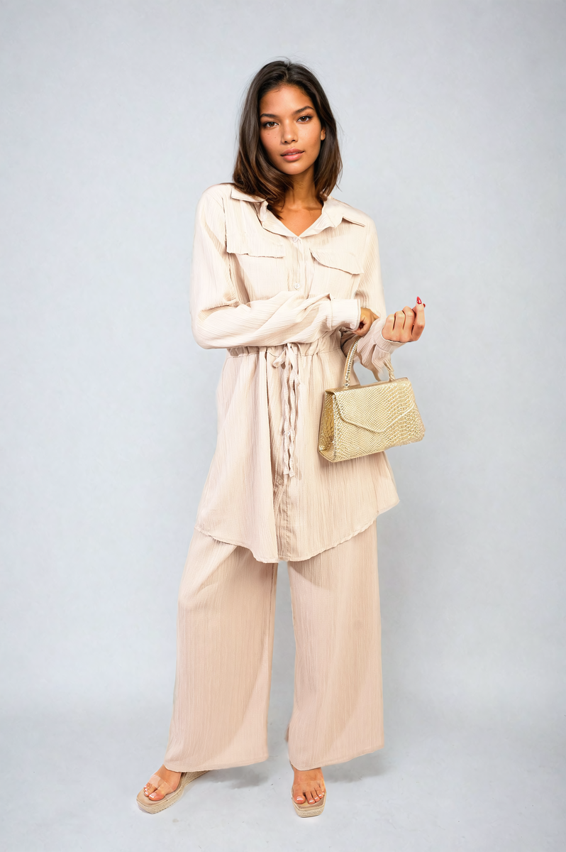 Oversized Long Sleeve Belted Button Down Top and Trouser Co-ord Set Moda