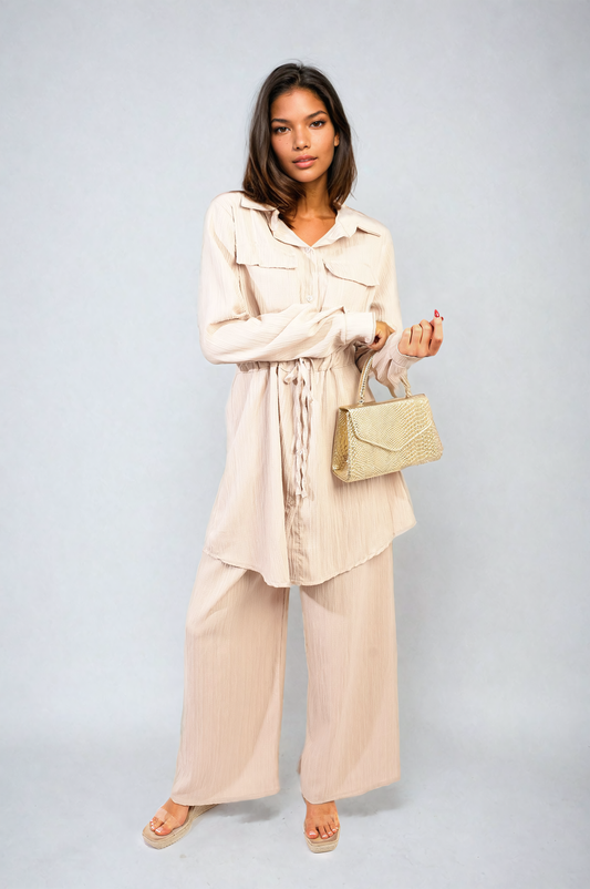 Oversized Long Sleeve Belted Button Down Top and Trouser Co-ord Set Moda