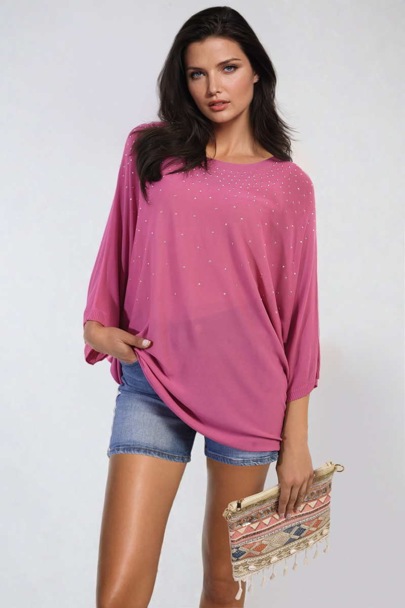 Round Neck Studded Oversized Top Moda