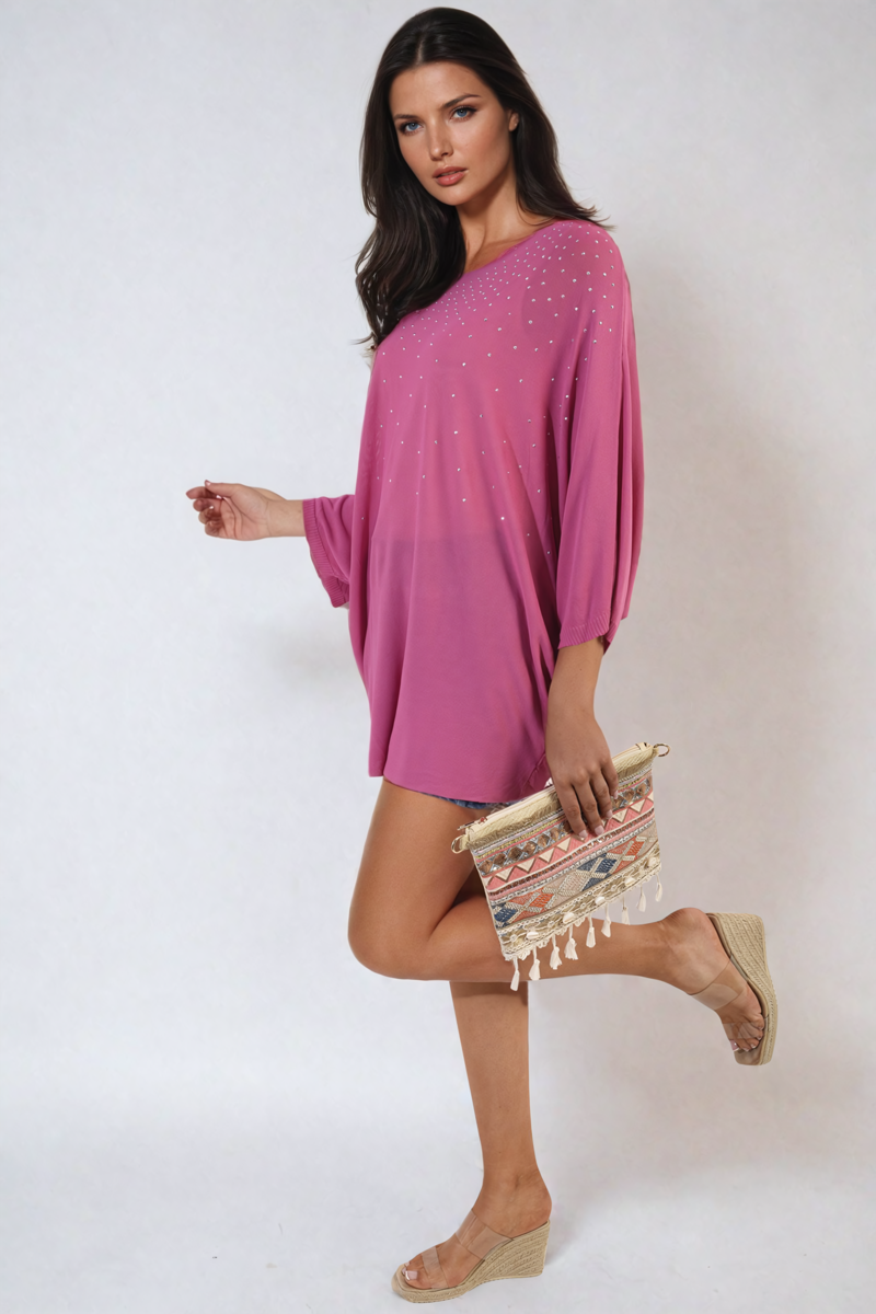 Round Neck Studded Oversized Top Moda