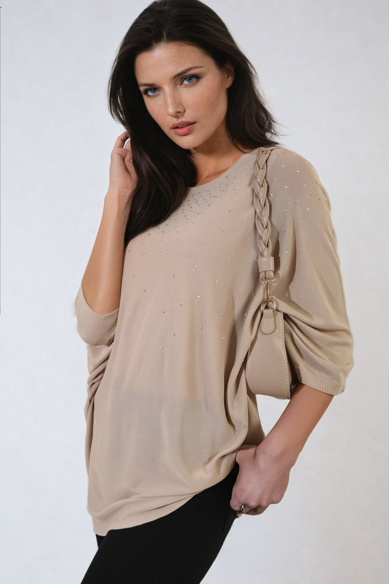 Round Neck Studded Oversized Top Moda
