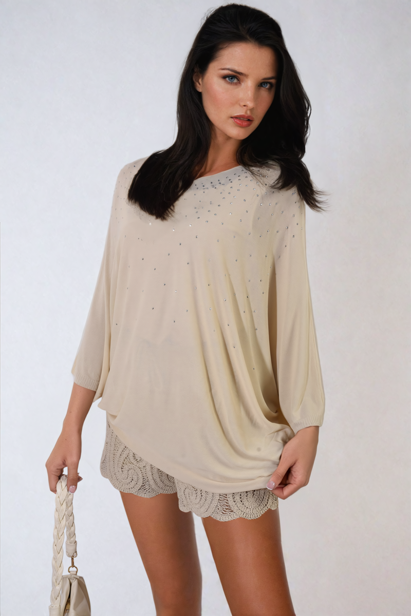 Round Neck Studded Oversized Top Moda