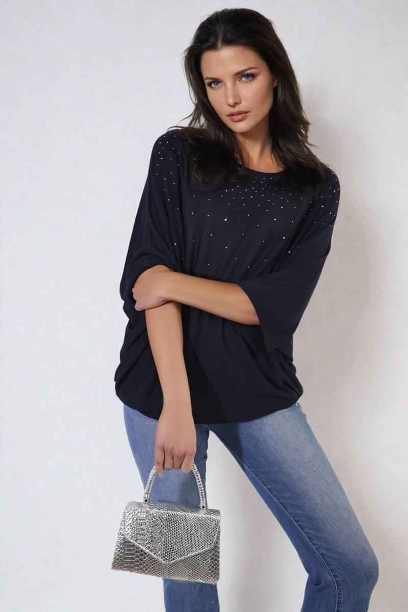 Round Neck Studded Oversized Top Moda