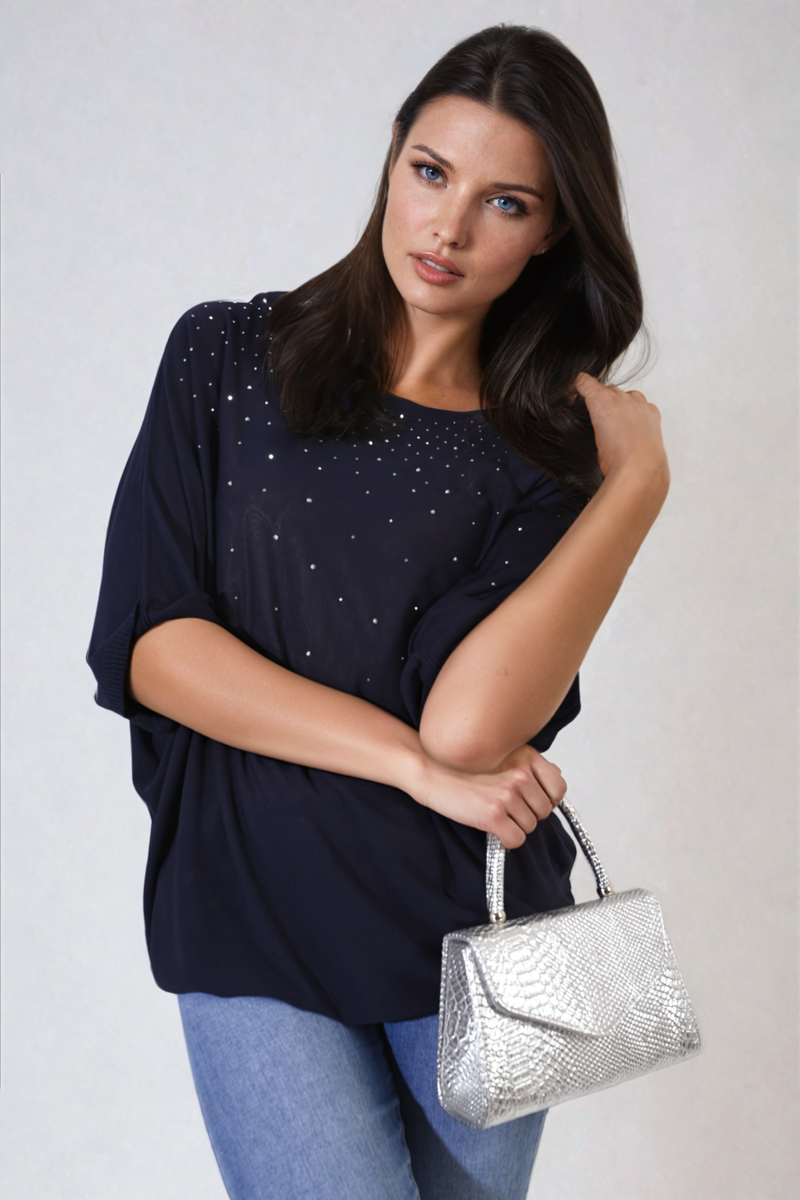 Round Neck Studded Oversized Top Moda