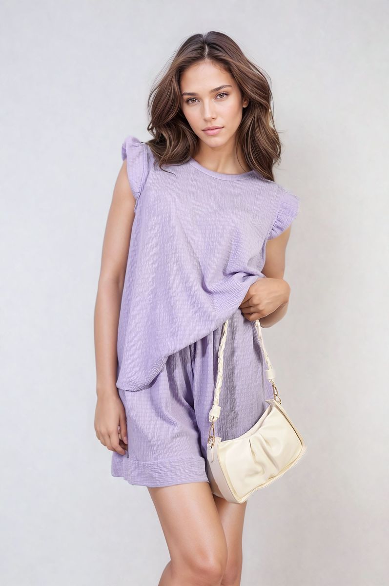 Ruffle Trim Sleeve Top and Shorts Co-ord Set Moda