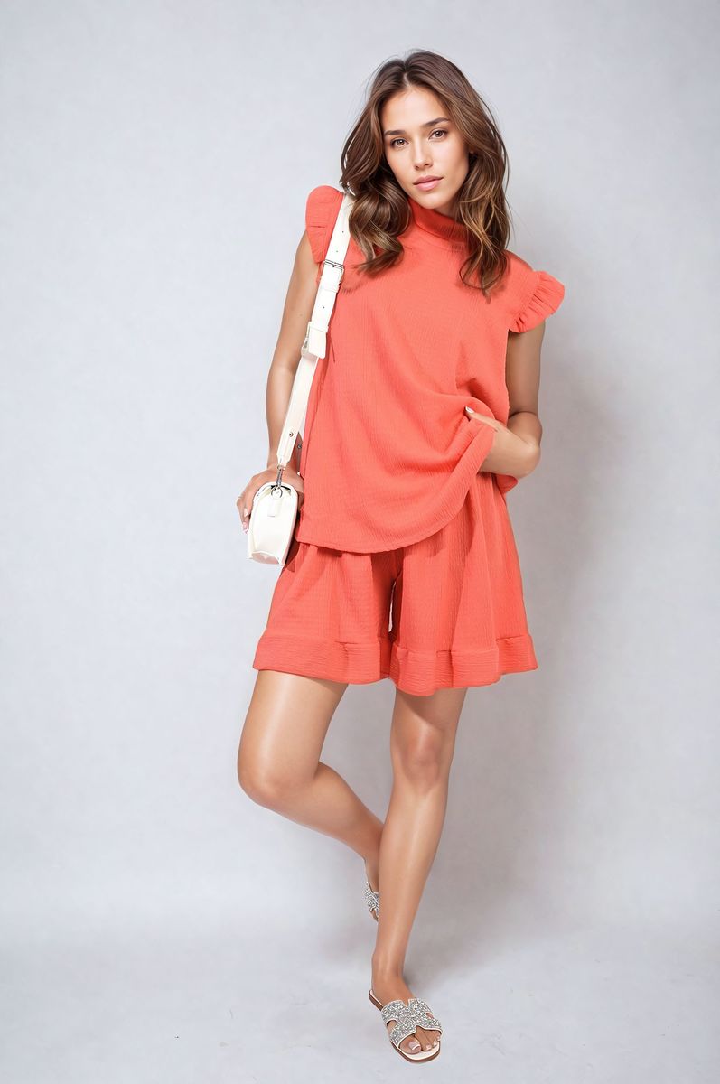 Ruffle Trim Sleeve Top and Shorts Co-ord Set Moda